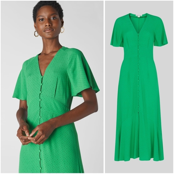 Whistles Green Micro Spot Button Midi Dress 10 - Picture 2 of 10